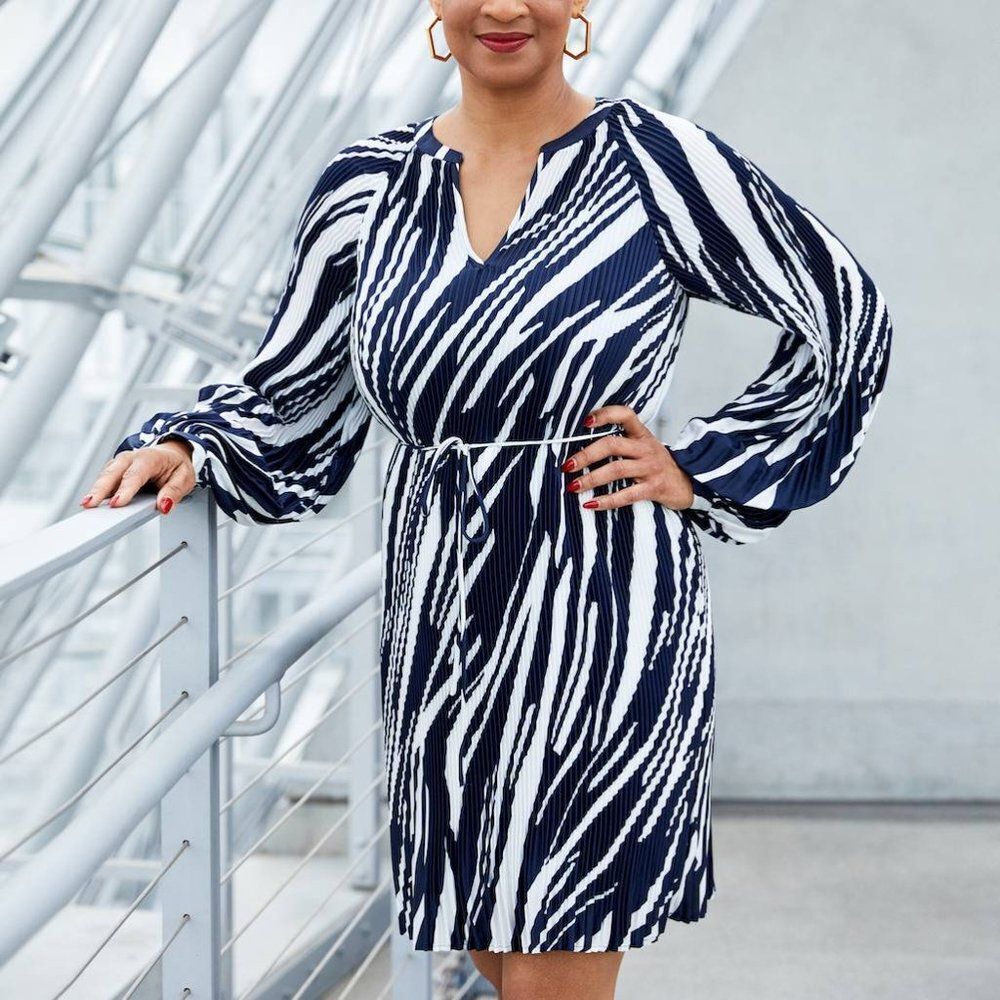 Banana Republic Navy and White Long Sleeve Dress